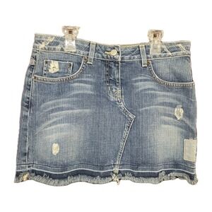 Bebe Denim Mini Skirt Raw Edge Rhinestone Accents Size 29 Y2K Vintage Bling EUC